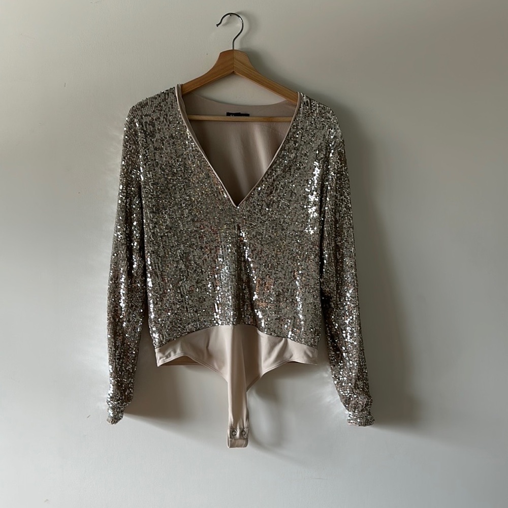 Express Sequin Deep V-Neck Thong Bodysuit